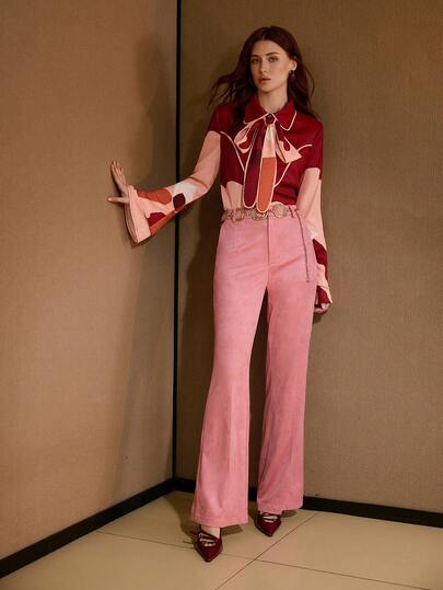 MOTF PREMIUM ELEGANT COLORBLOCK TIE NECK BELL SLEEVE SHIRT