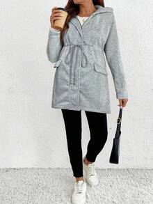 SHEIN 孕妇常规休闲保暖口袋抽绳外套 - 灰色 - 查看 4