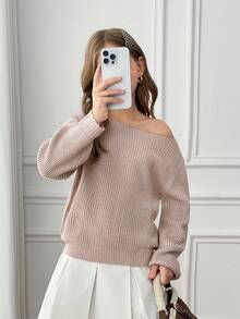 SHEIN Tween Girls Solid Color Asymmetrical Neckline Long Sleeve Sweater,Suitable For Autumn Winter,Back To School Cute Girl Clothes Off Shoulder - Dusty Pink - View 5