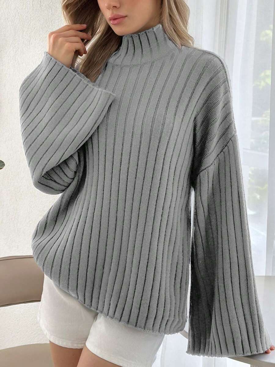 Cloudara Women High Neck Flare Sleeve Rib Knit Comfy Sweater Pullover - Light Grey - View 1
