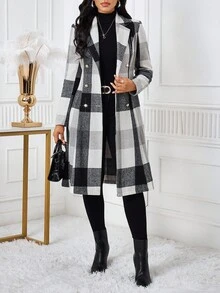 SHEIN Lady 女士格子印花双排扣优雅长袖大衣，秋冬款，圣诞节和感恩节优雅之选 - 彩色 - 查看 7