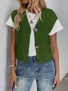 EMERY ROSE New V-Neck Ribbed Knit Cardigan Vest, Fashionable And Elegant Women Apparel - Army Green - View 5