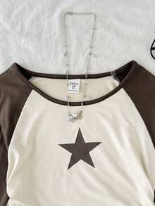 SHEIN Tween-Mädchen Raglanärmel Farbblock Stern Muster Langarm Rundhals T-Shirt, Schulanfang T-Shirt, Streetwear Lässig T-Shirt, figurbetontes gerafftes T-Shirt mit gekrümmtem Saum - Braun - Übersicht 3