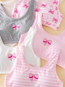 5 Stücke/Set Mädchen süße Schleife & Blume Muster gepolstertes Trägerhemd, weich & bequem, geeignet als Oberbekleidung