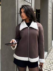 Aloruh Women's Autumn/Winter New Faux Fur Collar Brown Jacket, Winter Fall - Brown - View 5