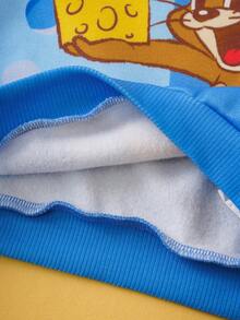TOM & JERRY X SHEIN Baby Boy Cartoon Jerry Mouse & Cheese Print Knit Crew Neck Drop Shoulder Loose Patchwork Contrast Color Sweatshirt & Pants Set, Autumn/Winter Cartoon Baby Clothes - Blue - View 10