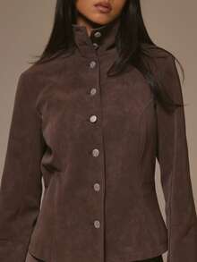 MUSERA High Night Suede Look Fitted Seam Detail Popper Button Through Jacket Cool Girl, Streetstyle, Cute, , , Winter Spring - Coffee Brown - View 3