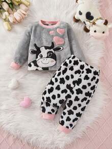 Babygirl Cute Fluffy Cartoon Pattern Pajama Set, Cow Print Sleepwear, Casual Loungewear For Autumn/Winter - Grey - View 1