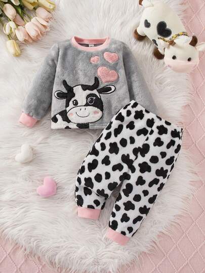 Conjunto de pijama con estampado de dibujos animados esponjoso y lindo para bebé niña, ropa de dormir con estampado de vaca, ropa de estar en casa casual para otoño/invierno