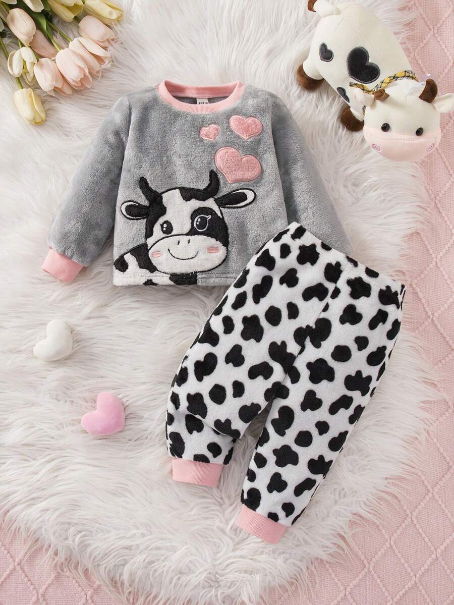 Babygirl Cute Fluffy Cartoon Pattern Pajama Set, Cow Print Sleepwear, Casual Loungewear For Autumn/Winter - Grey - View 1