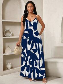 SHEIN Lady Vestido de tirantes largo con estampado geométrico, apto para uso casual diario - Azul y blanco - Ver 7