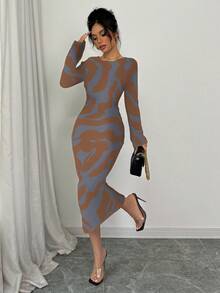 Elenzga Vestido de punto ajustado con cuello redondo y mangas acampanadas con estampado para mujer - Gris Claro - Ver 3