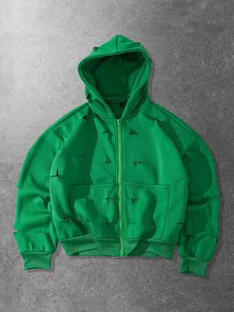 Street Life Men's Solid Color Ripped Zipper Hoodie, Autumn/Winter