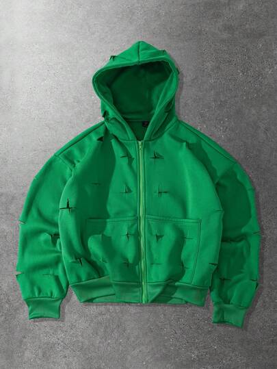 Sudadera con capucha de unicolor y cremallera rasgada para hombres, otoño/invierno