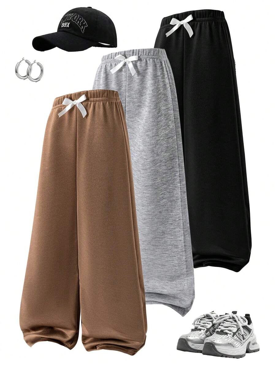 3pcs Young Girls Simple Fashion Versatile Black, Gray, Khaki Sweatpants