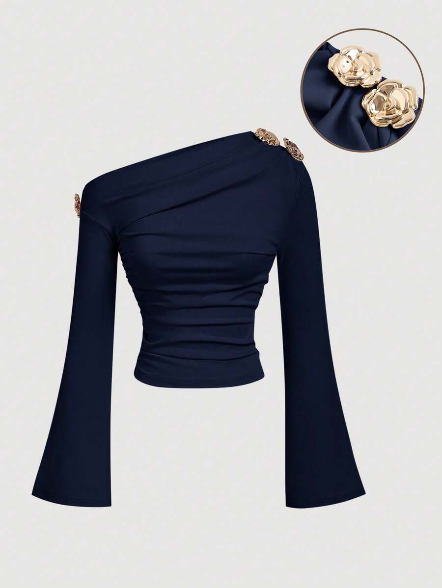 SHEIN MOD 藏蓝色斜肩领女式T恤，时尚通勤之选 - 藏蓝色 - 查看 1