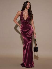 SHEIN BAE Damen Neckholder Binden Elegantes Kleid - Bordeaux - Übersicht 4