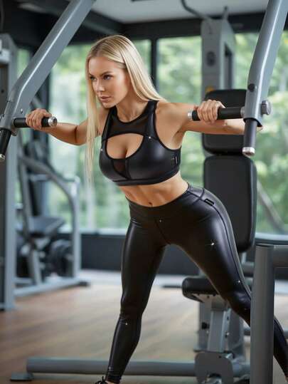 Innovista Conjunto Esportivo Feminino de Couro PU e Tela em Cor Sólida, Colete e Legging