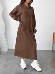 SHEIN EZwear 棕色口袋休闲针织连帽长袖卫衣连衣裙，长款休闲连衣裙，长袖连衣裙，女士宽松连衣裙，棕色卫衣，女士冬季连衣裙，宽松卫衣，棕色卫衣连衣裙，长款卫衣连衣裙，女士秋季服装 - 巧克力棕 - 查看 4