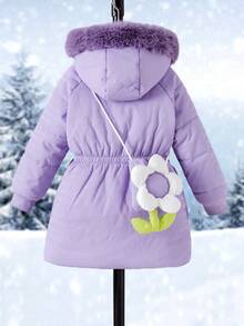 SHEIN 2 Stücke gesteppter Mädchen Mantel in Lila mit Kapuze, Reißverschluss und wattiertem Futter. Taillengürtel, schmale Passform, wattiertes Fleecefutter, mit 3D-Blumendekor und Tasche. Geeignet für Outdoor-Aktivitäten, Herbst/Winter, Freizeit, Schule und Partys. Mädchen-Wintermantel mit Kapuze, lila Outfit, elegante Fleecejacke für Mädchen, Peter-Pan-Mantel.