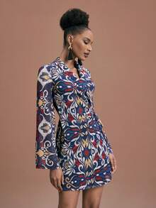 JIAN LASALA Boho All-Over Printed Mesh Wrap Tie Flared Long Sleeve Short Dress Women Casual Wear Ankara African Dress 70s Dress African Print Dress Geometric Print Dress Women Western Dress Resort Wear Elegant Ibiza Women Western Dress Graphic Dress - Multicolor - View 5