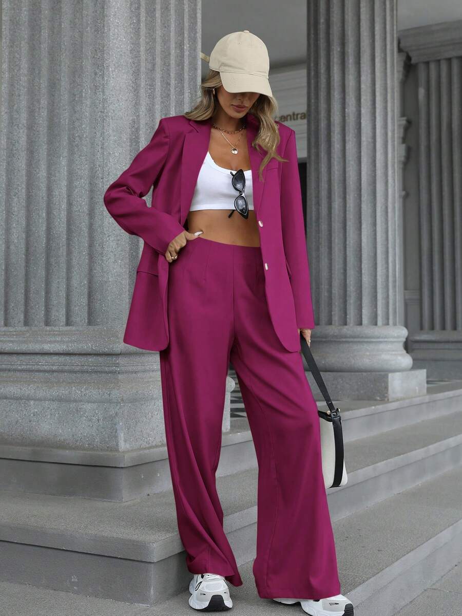 Aveloria Modichic 2pcs Women's Mid-Length Waist Fitted Blazer And Flare Leg Pants Suit 