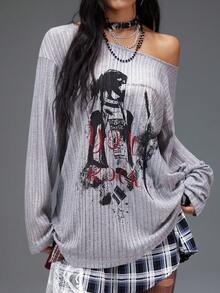 Bloopia Women's Fashion Punk Print Loose Dropped Shoulder Top - Grey - View 4
