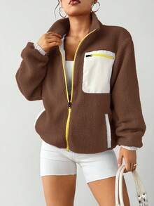 Exploreva 女士撞色休闲拉链长袖运动夹克 - 咖啡棕 - 查看 5
