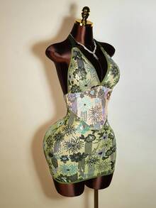 Mistrie Women's New Sexy Sleeveless Halter Neck Mini Dress With Sequin Fabric – Perfect For Parties, Dates, Halloween & Music Festivals, Glamorous & Eye-Catching