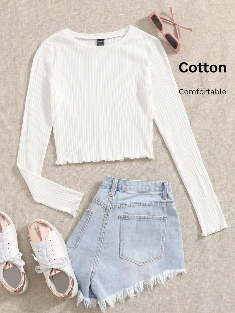 SHEIN EZwear Women White Lettuce Trim Solid Tee For Spring & Autumn - White - View 1