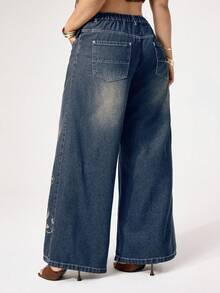 ROMWE Grunge Punk Große Größen Loose Fit Grunge Vintage Destroyed Jeans mit Kreuz- und Rankenprint, Streetstyle