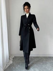 SHEIN PETITE Women's Long Sleeve Crossover Belted Button Casual & Business Multipurpose Long Coat Windbreaker, Autumn/Winter Ladies Woolen - Black - View 6