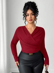 Dazy Plus V-Neck Ribbed Tight Fitted Long Sleeve Plus Size Women's Cropped T-Shirt, Spring/Autumn - Burgundy - View 1