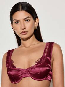 AiiRZ 缎面蕾丝边装饰钢圈文胸，贴身内衣上装 - 酒紅色 - 查看 5
