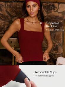GLOWMODE FeatherFit™ Full Underarm Hip Length Square Neck Basic Tank Top Low Impact Yoga Pilates Studio Daily Removable Cups  Spring Summer - Burgundy - View 4