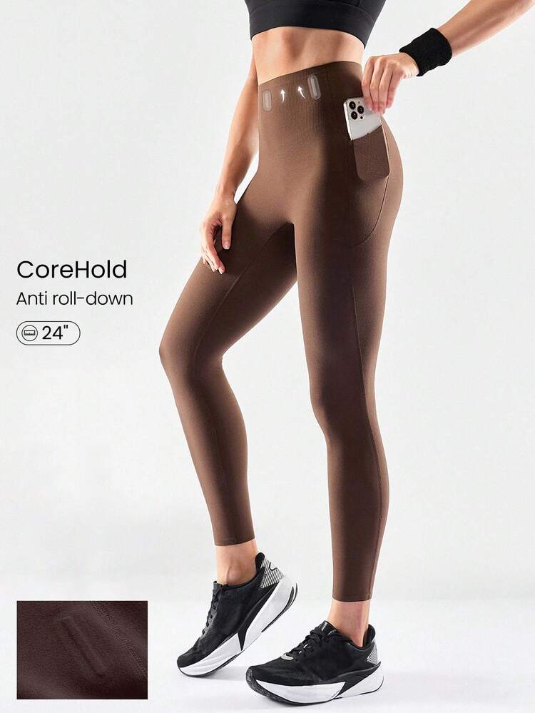 24'' CoreHold FeatherFit™-Sculpt CoreHold No Slip Fit Boning Tummy Control No Front Seam Leggings With Side Pockets Medium Impact Workout Jogging Gym Training  Spring Summer