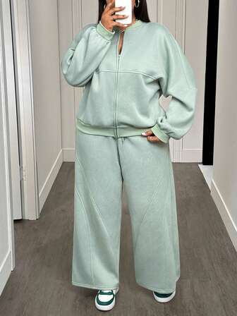 Slaydiva 2025秋冬新款音乐节、假日、西部风、游牧风、生日派对、毕业季、学生装、日常休闲穿搭、百搭基础款字母印花拉链外套和直筒运动裤套装，灰色仿雪花女士两件套