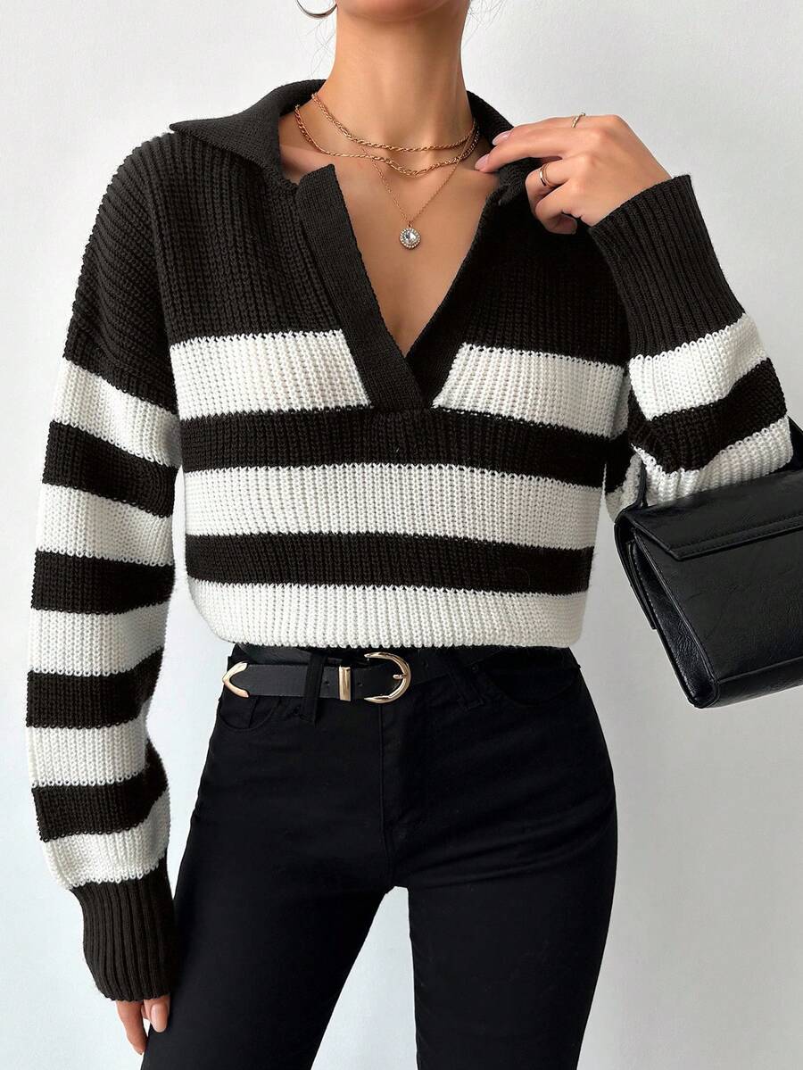 SHEIN Tall Striped Pattern Drop Shoulder Sweater, Tall Women - Coffee Brown - View 1