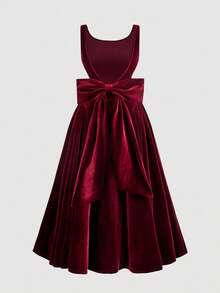 Plus Size Vintage Red Open Back Bow Tie A-Line Midi Dress, Wedding Dress, Date Dress, Valentine's Day Dress - Red - View 5