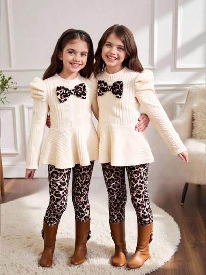 Parte superior con cuello alto acanalado, manga abullonada y estampado de leopardo 3D, con lazo y volante en el bajo, emparejada con leggings estampados de leopardo, color albaricoque, para niña en otoño/invierno