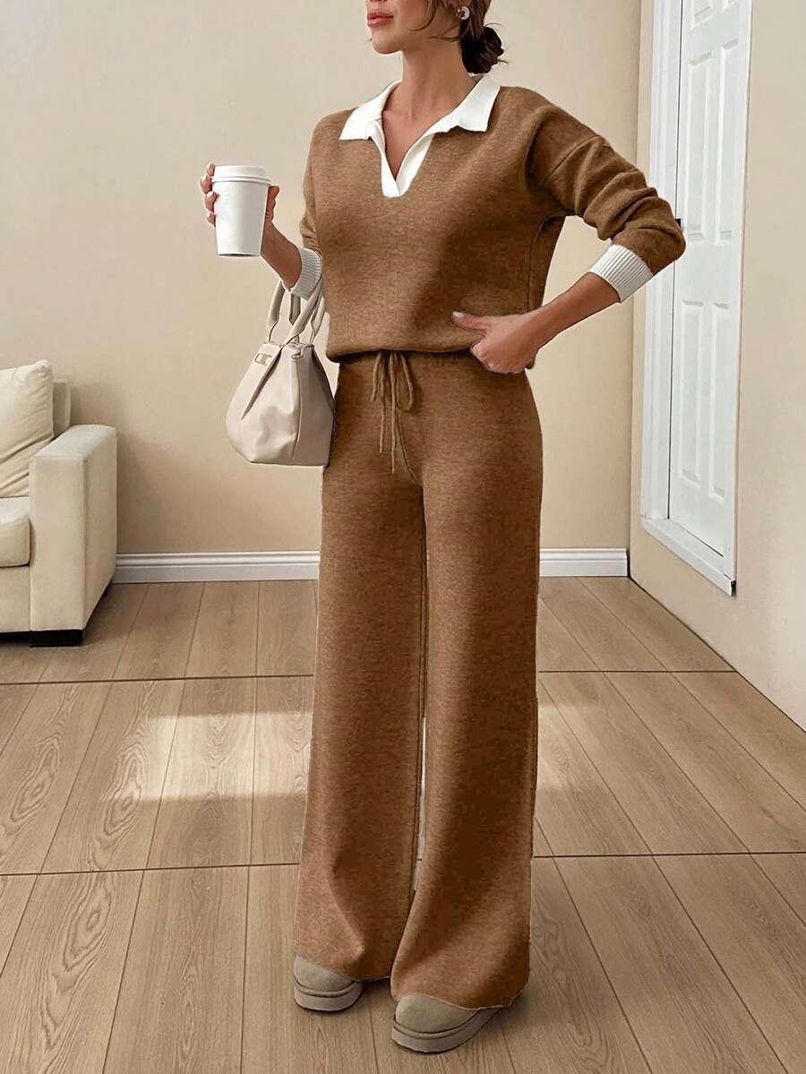WOMEN SOFT TOUCH POLO NECK SWEATER AND SWEATER PANT Two Pieces OUTFİT CO-ORDS COOL - Camel - View 1