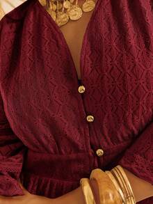 Aralina 蕾丝嵌件长袖纽扣荷叶边下摆优雅迷你直筒衬衫裙 - 酒紅色 - 查看 8