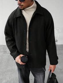 Marvello Homme Men's Long Sleeve Casual Solid Color Single-Breasted Overcoat, Autumn Black Jacket - Black - View 3