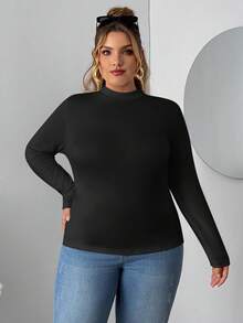 SHEIN CURVE+ The Plus Size Women's Two Pieces High Neck Tight Fitting Long Sleeved Base T-Shirt Set Is Suitable For Autumn And Winter. Two Pieces Set Of Black And White T-Shirts - Black - View 6