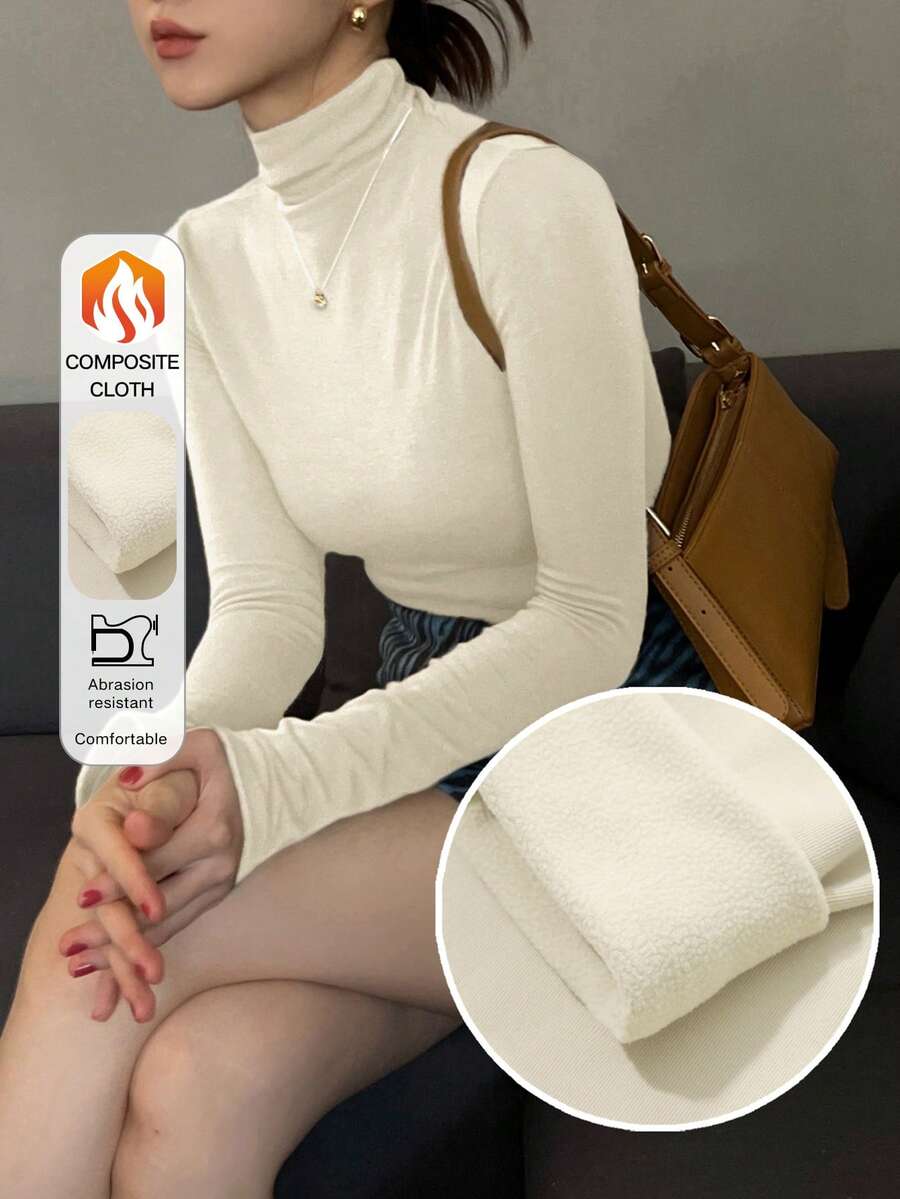 DAZY Women's Tight Fitted Thermal Lined Turtleneck T-Shirt