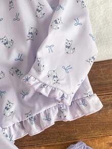 SHEIN 3件套女童柔软顺滑睡衣套装，时尚可爱猫咪蝴蝶结印花袖口、下摆、领口撞色荷叶边长袖开衫和长裤，含眼罩，睡衣 - 紫色 - 查看 9