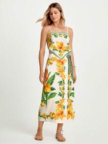 CAJUNI Women's Casual Vacation Tropical Plant Yellow Floral Cashew Print Camisole Tube Top, Suitable For Dates, Outings, Aloha Print Top, Floral Print Women, Resort Wear Print,Floral Dress For Women, - Yellow - View 4