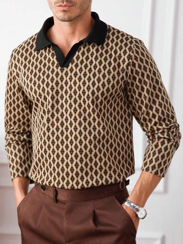 Core Aspect Men's Contrast Color Block Collar Half-Placket Raglan Sleeve Retro Casual Polo Shirt Mens Patterned Shirt Brown Knit Shirt Men Geometric Print Shirt Men Long Sleeve Polo Mens Shirt,Old Money Style,Vintage Gentleman, Men's Autumn And Winter Geometric Knitted Jacquard V-Neck Long-Sleeved Polo Shirt,Mens Textured Polo,Old Money Formal ,Autumn And Winter Promotion Funds