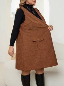 SHEIN CURVE+ Vestido casual sin mangas con cuello en V y bolsillos utilitarios de unicolor para mujer de talla grande