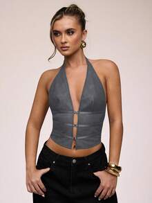 SHEIN BAE Women's Fashionable Sexy Backless Halter Top - Dark Grey - View 3